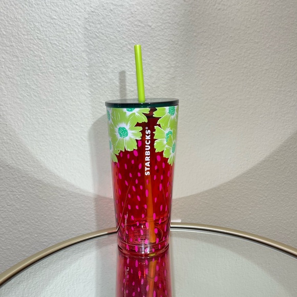 Starbucks Red Strawberry Pink Seeds Green Flower Glass Tumbler